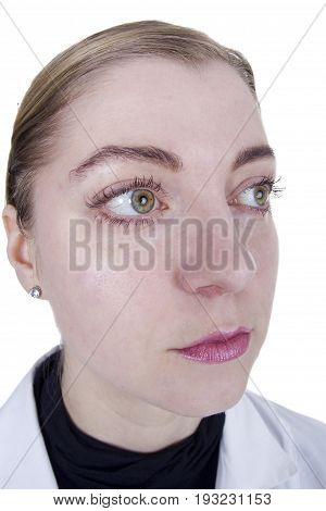 Strange young blonde woman close-up on a white background