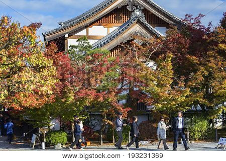 KYOTO JAPAN - 20 NOVEMBER 2015:Visitors tour the beauty of leaves changing color in the Eikando Zenrin-ji temple.The temple very famous for its autumn colors