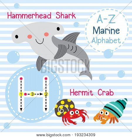 Cute children sea alphabet flashcard of funny marine animal cartoon H letter tracing for kids learning English vocabulary vector illustration.