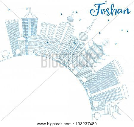 Outline Foshan Skyline with Blue Buildings and Copy Space. Business Travel and Tourism Concept with Modern Architecture. Image for Presentation Banner Placard and Web Site.