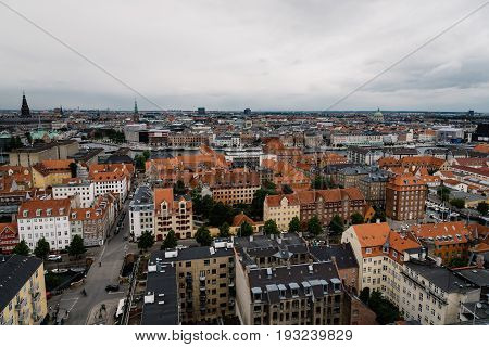 Copenhagen Denmark - August 12 2016: Aerial view of Copenhagen a cloudy day of summer