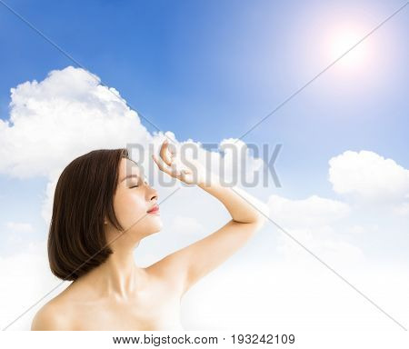 young woman with sunlight .skin care and sun block UV concept