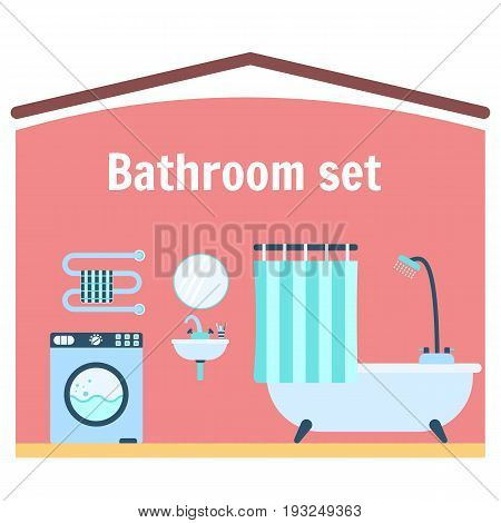 Flat blue vector bathroom appliance icon set. Colorful bathroom equipment including bathtub with shower and curtain washer machine basin with tap mirror and tooth brushes towel rail