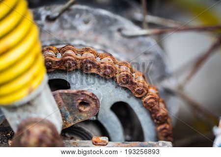 rusty motorcycle chain closeup macro high detail.
