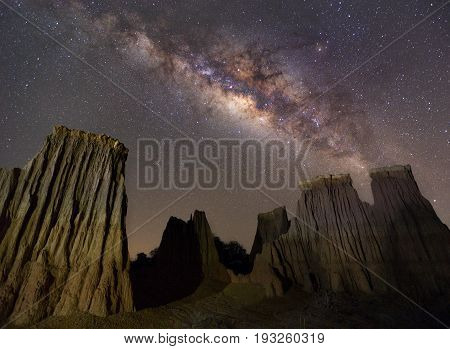 Milky way over the canyon at Lalu rock formations park Sakaeo Thailand