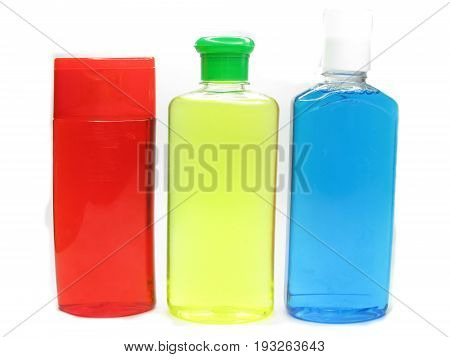 bottles of shampoo and shower gel cosmetic set