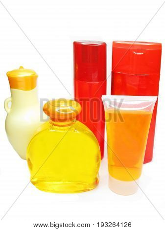 bottles of shampoo and shower gel cosmetic set