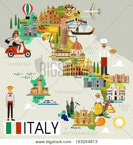 Map of Italy and Travel Icons.Italy Travel Map. Vector Illustration.