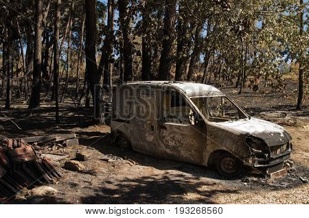 Small Van Burnt To The Ground At A Small Village Of Pedrogao Grande Municipality
