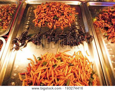 Fried Insects On The Market Of Khao San Road On Bangkok