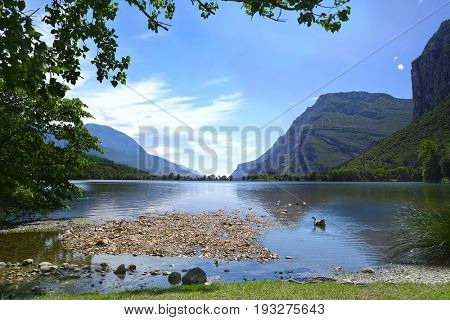 Landscape with the image of Toblino lake in North Italy