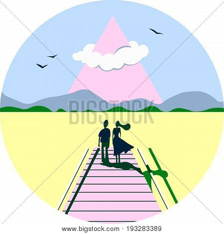 Couple looking at the mountain. Vector illustration
