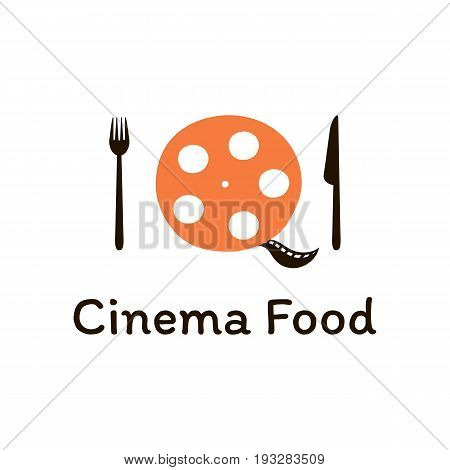 Vector logo template for food market store cafe or restaurant. Illustration of plate in the form of film. Creative flat design logotype. EPS10.Can be used for design element of banners menu.