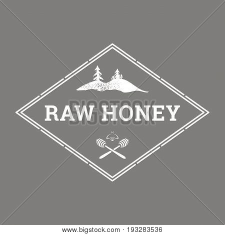 Label for natural honey in retro style: the image of crossed spoons for honey bees and fir trees growing on rocks. Concept for organic farm products. EPS10. Vector logo template for honey store.