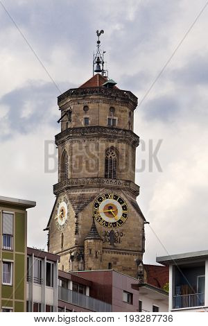 Stiftskirche church bell tower in Stuttgart in Germany