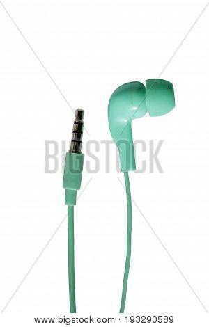 Turquoise  headphone with a plug isolated on white background