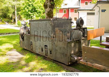 Bad Gastein, Austria - June 09, 2017: Old Mining Truck In Front Of The Health Resort Heilstollen, A