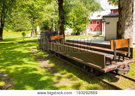 Bad Gastein, Austria - June 09, 2017: Old Mining Truck In Front Of The Health Resort Heilstollen, A