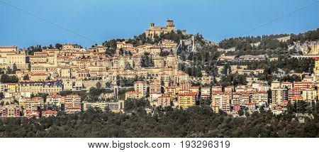 Panoramic view from San Leo to San Marino mountain