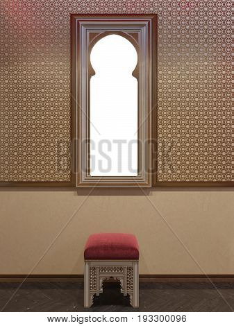 3d illustration hall interior design of a hotel room in a traditional Islamic style. Beautiful deluxe room Ramdan Kareem background interior view decorated with Islamic motifs.