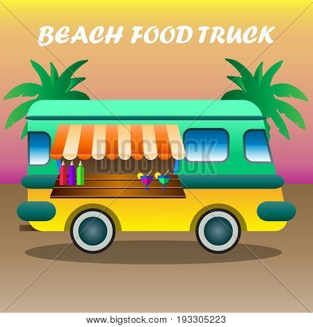 Food truck among palm trees on tropical beach. Vector cartoon illustration