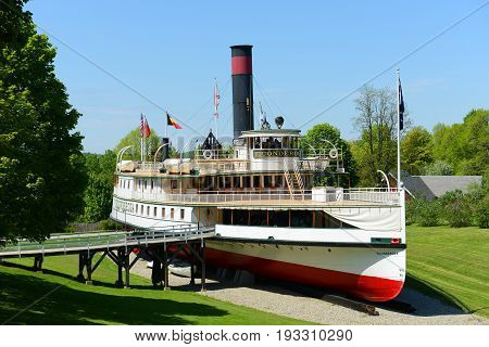 SHELBURNE, VT, USA - MAY 21, 2014: Ticonderoga was a steamboat served on Lake Champlain in 19th century. Now it was registered as a National Historic Places in Shelburne, Vermont, USA.