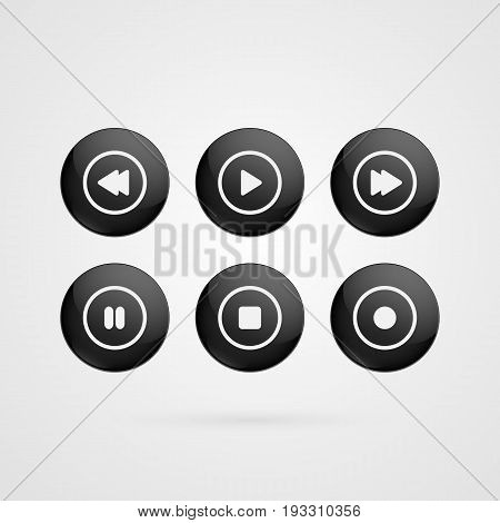 Vector buttons symbols. Black and white glossy play stop rewind forward pause record grey signs isolated. Illustration icons for audio video player