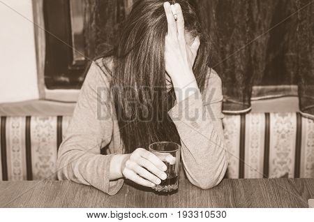Alcoholic. Alcoholic drunk woman with a cigarette. Addiction.