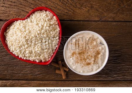 Brazilian Dessert Sweet Canjica Of White Corn With Pacoca Sweet In Bowl And Towel. Festa Junina Part
