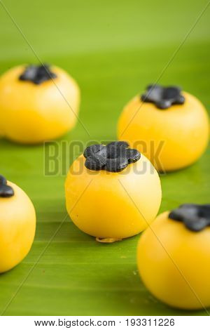 Thai desert on green banana leaf call cha mong kud