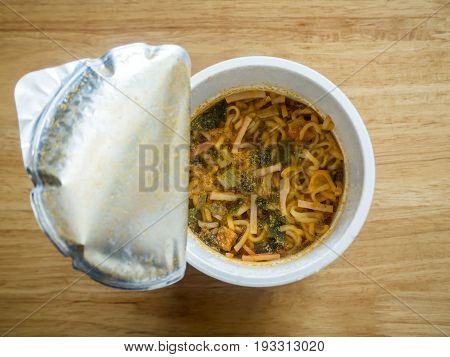Top View Of Cup Of Instant Noodle Ready To Eat