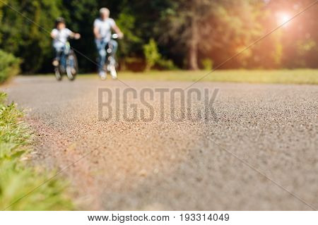 Nice day for adventure. Wonderful elderly healthy gentleman taking his grandson in a park and riding bicycles while spending the weekend together