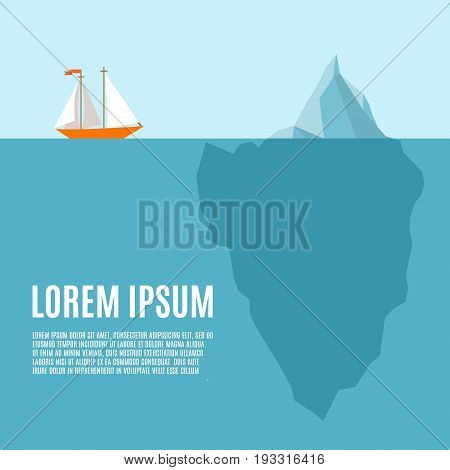 Vector illustration with polygonal iceberg under and above water. Ship in danger on blue background. Business or personal problem theme vector illustration. Infographic or broshure template.