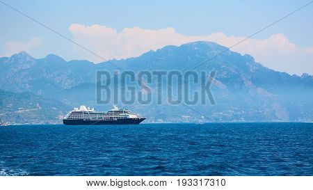 Cruise Ship came to Amalfi in Southern Italy. Aerial view.