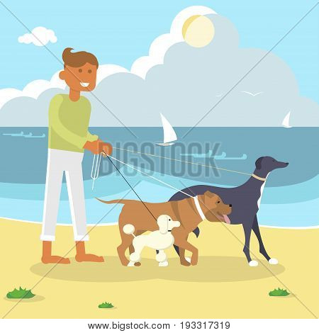 Young man professional Dog Walker Exercising Dogs on the sea beach. Flat Cartoon Character of pet and his owner. Colorful Vector Illustration eps 10