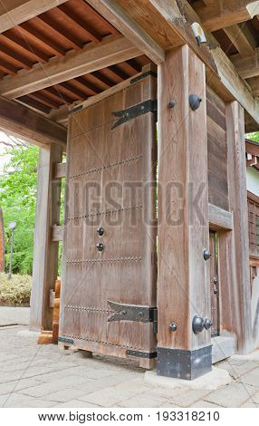 AKITA JAPAN - MAY 26 2017: Leaf of reconstructed Main Gate (Otemon) of Kubota Castle in Akita Japan. Castle was founded in 1603 by Satake Yoshinobu destroyed by fire in 19th c