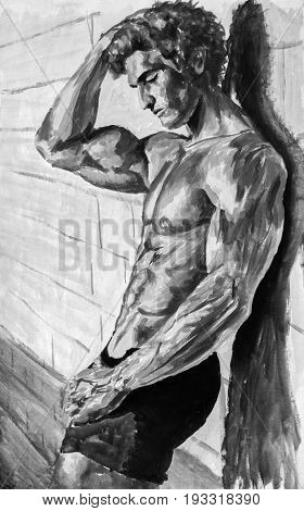 Naked athletic guy at wall Original oil painting on canvas. Beautiful hand made sexy body artwork. Fassion illustration. Modern impressionism art.