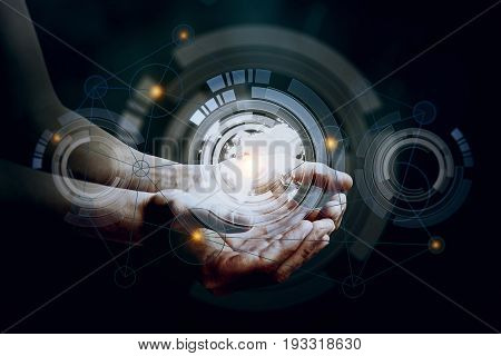 Hands holding abstract digital pattern with map on dark background. Media concept. Double exposure