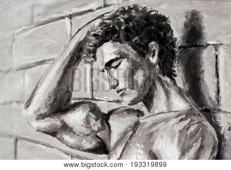 Athletic guy at wall Original oil painting on canvas. Beautiful hand made sexy body artwork. Fashion illustration. Modern impressionism art.