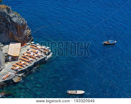 Scenic picture-postcard view of the beautiful town of Minori at famous Amalfi Coast with Gulf of Salerno, Campania, Italy