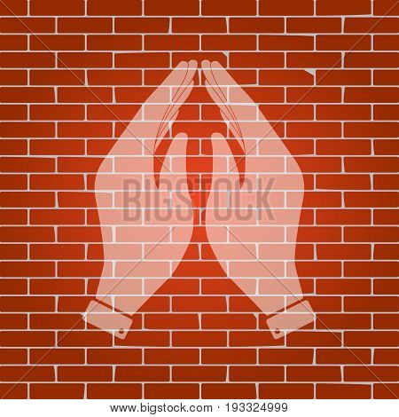 Hand icon illustration. Prayer symbol. Vector. Whitish icon on brick wall as background.