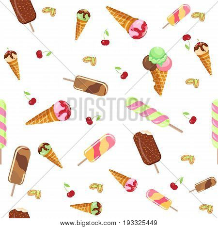 Ice cream sweet dessert cold food seamless pattern vector illustrations. Tasty creamy snack dairy waffle flavor cold ice-cream frozen scoop. Soft delicious milk icecream ball.
