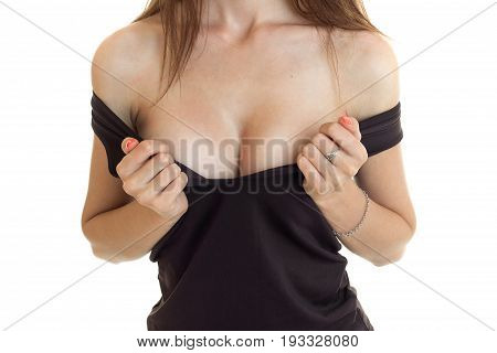 a close-up portrait of sexual breasts in black dress isolated on white background