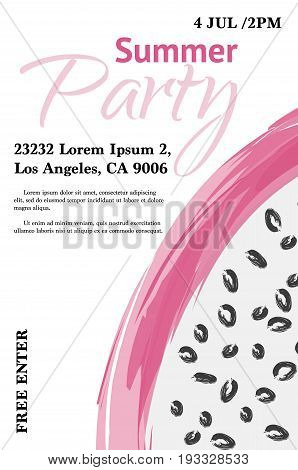 Vector summer fruit slice hand drawn illustration. Dragon fruit circle pithy seed invitation card. party design with cactus pitaya drawing tropical food.