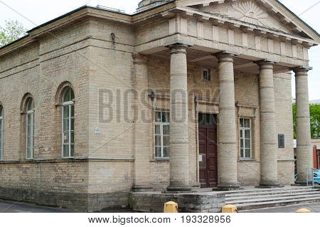 Gatchina, Leningrad region, Russia - June 03, 2017. The Finnish Evangelical-Lutheran Church of St. Nicholas. Detail of the facade.