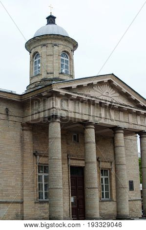 Gatchina, Leningrad region, Russia - June 03, 2017. The Finnish Evangelical-Lutheran Church of St. Nicholas. Detail of the facade.
