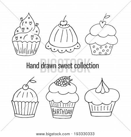 Hand Drawn Isolated Birthday Cupcake. Cute Sweet Vector Bakery Set.