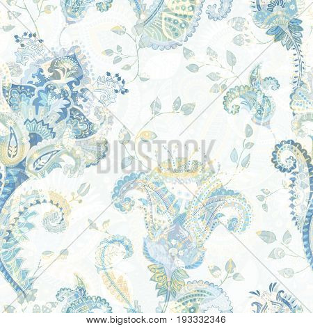 Floral seamless pattern, texture effect. Indian colorful ornament. Vector decorative flowers and Paisley. Ethnic style. Design for fabrics, web, decoupage