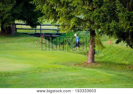 Golf player, facing away fron viewer, searching for lost ball in water stream and high grass