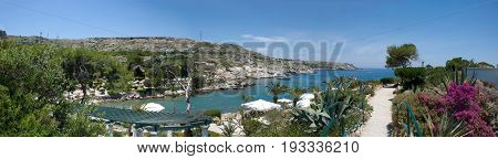 Panoramic view over bay of Kallithea on greek island Rhodes